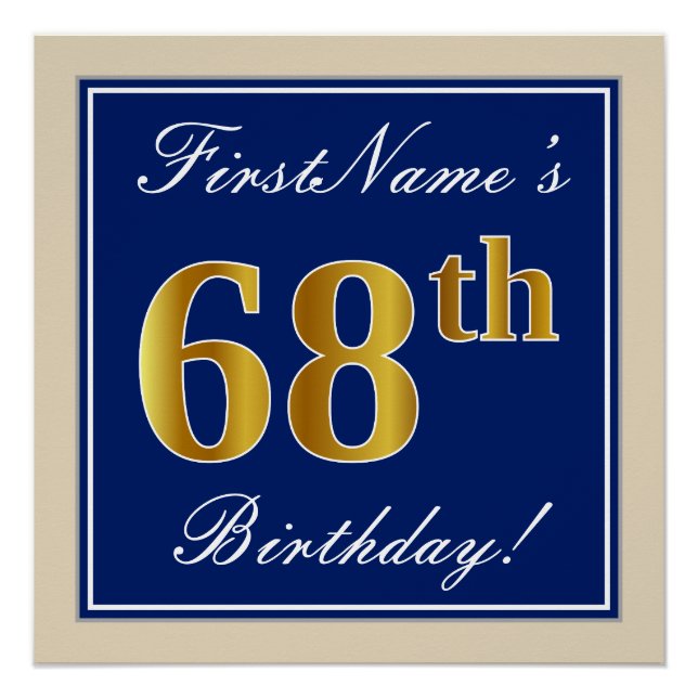Elegant, Blue, Faux Gold 68th Birthday + Name Poster (Front)