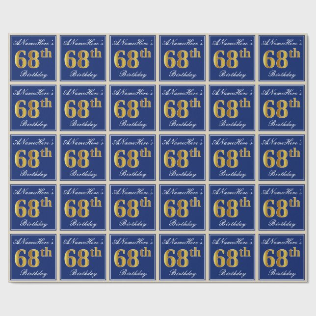 Elegant, Blue, Faux Gold 68th Birthday + Name Wrapping Paper (Flat)