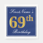 [ Thumbnail: Elegant Blue, Faux Gold 69th Birthday; Custom Name Napkins ]