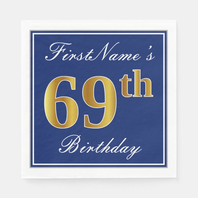 Elegant Blue, Faux Gold 69th Birthday; Custom Name Paper Napkins (Front)
