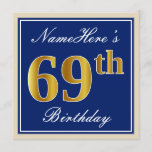 [ Thumbnail: Elegant, Blue, Faux Gold 69th Birthday + Name Invitation ]