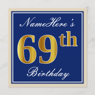 Elegant, Blue, Faux Gold 69th Birthday + Name Invitation