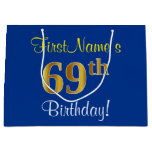 [ Thumbnail: Elegant, Blue, Faux Gold 69th Birthday + Name Gift Bag ]