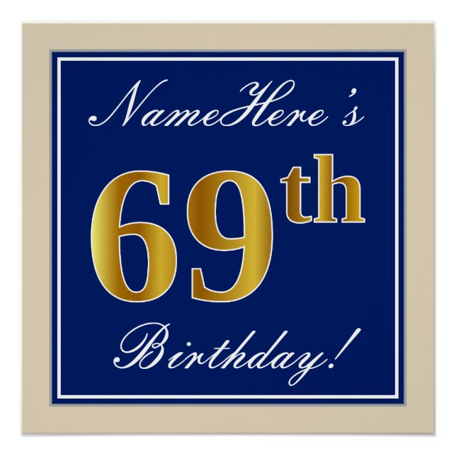 Elegant, Blue, Faux Gold 69th Birthday + Name Poster (Front)