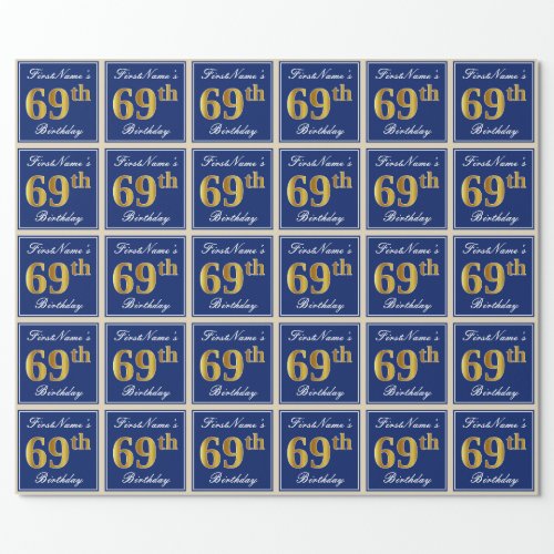 Elegant Blue Faux Gold 69th Birthday  Name Wrapping Paper