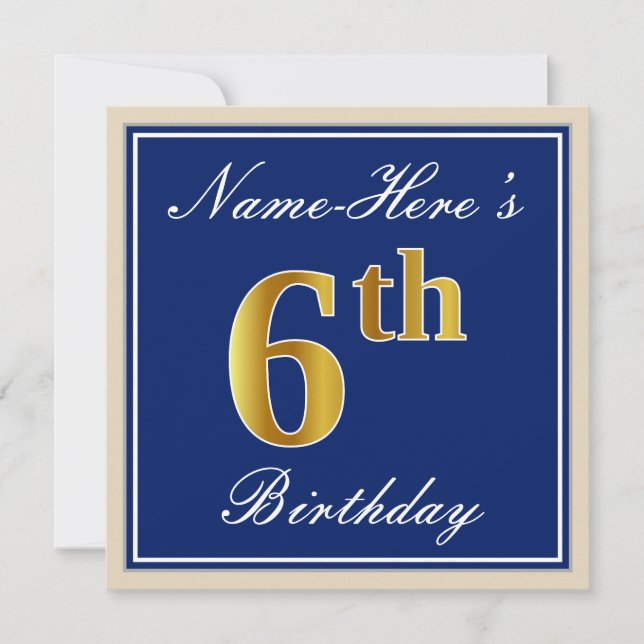 Elegant, Blue, Faux Gold 6th Birthday; Custom Name Invitation (Front)