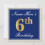 [ Thumbnail: Elegant, Blue, Faux Gold 6th Birthday; Custom Name Invitation ]