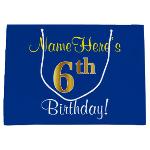 Elegant, Blue, Faux Gold 6th Birthday; Custom Name Large Gift Bag
