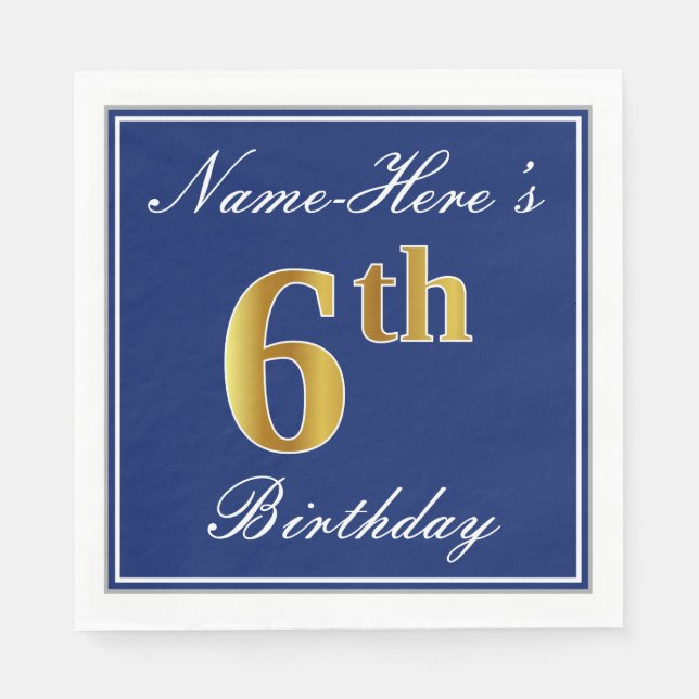 Elegant Blue, Faux Gold 6th Birthday + Custom Name Paper Napkins (Front)