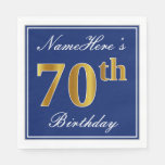 [ Thumbnail: Elegant Blue, Faux Gold 70th Birthday; Custom Name Napkins ]