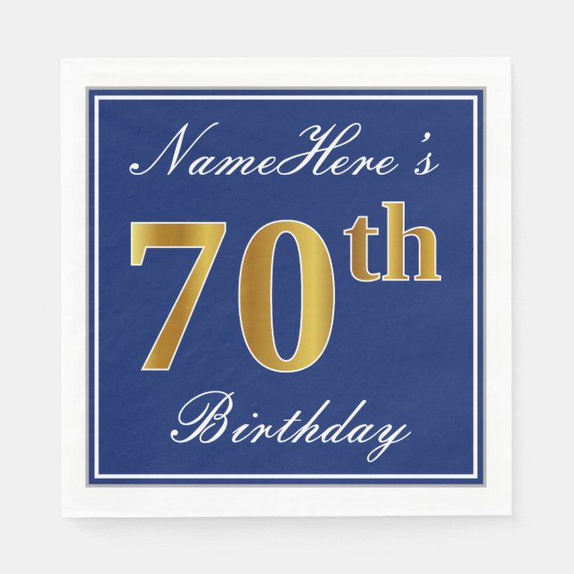 Elegant Blue, Faux Gold 70th Birthday; Custom Name Napkins (Front)