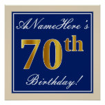 [ Thumbnail: Elegant, Blue, Faux Gold 70th Birthday + Name Poster ]
