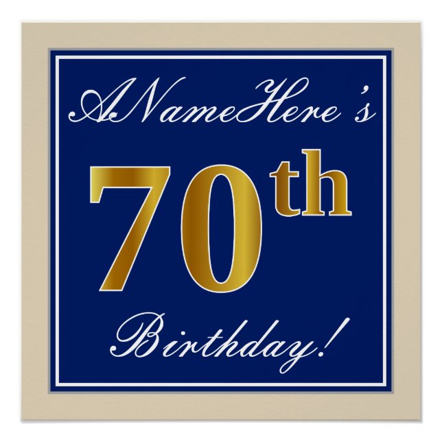 Elegant, Blue, Faux Gold 70th Birthday + Name Poster (Front)