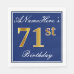 [ Thumbnail: Elegant Blue, Faux Gold 71st Birthday; Custom Name Paper Napkin ]
