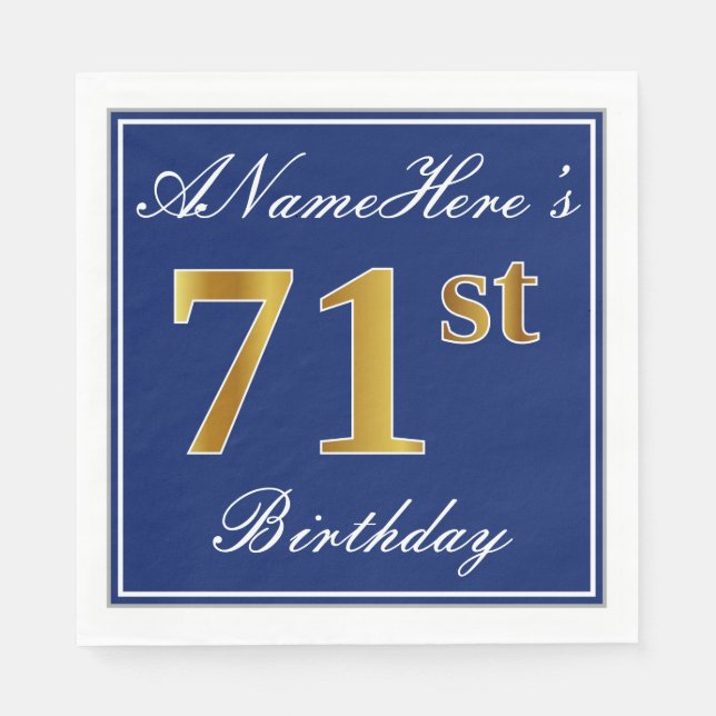 Elegant Blue, Faux Gold 71st Birthday; Custom Name Paper Napkins (Front)