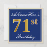 [ Thumbnail: Elegant, Blue, Faux Gold 71st Birthday + Name Invitation ]
