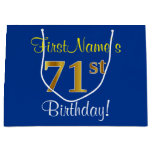 [ Thumbnail: Elegant, Blue, Faux Gold 71st Birthday + Name Gift Bag ]