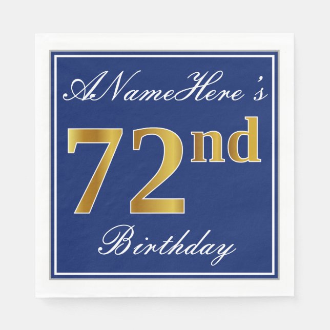 Elegant Blue, Faux Gold 72nd Birthday; Custom Name Paper Napkins (Front)