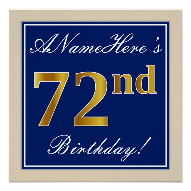 Elegant, Blue, Faux Gold 72nd Birthday + Name Poster (Front)