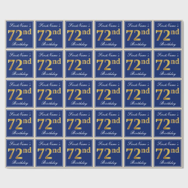 Elegant, Blue, Faux Gold 72nd Birthday + Name Wrapping Paper (Flat)