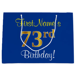Elegant, Blue, Faux Gold 73rd Birthday + Name Large Gift Bag