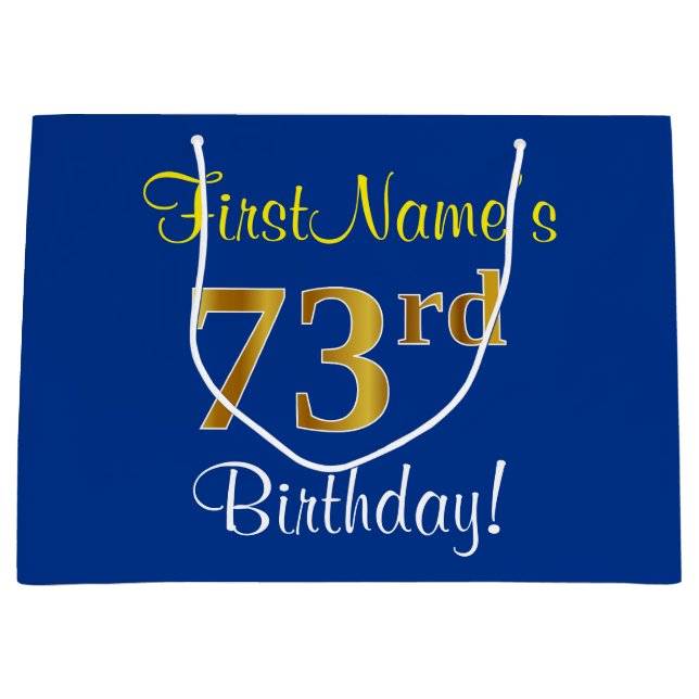 Elegant, Blue, Faux Gold 73rd Birthday + Name Large Gift Bag (Front)