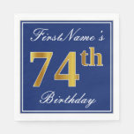 [ Thumbnail: Elegant Blue, Faux Gold 74th Birthday; Custom Name Napkins ]