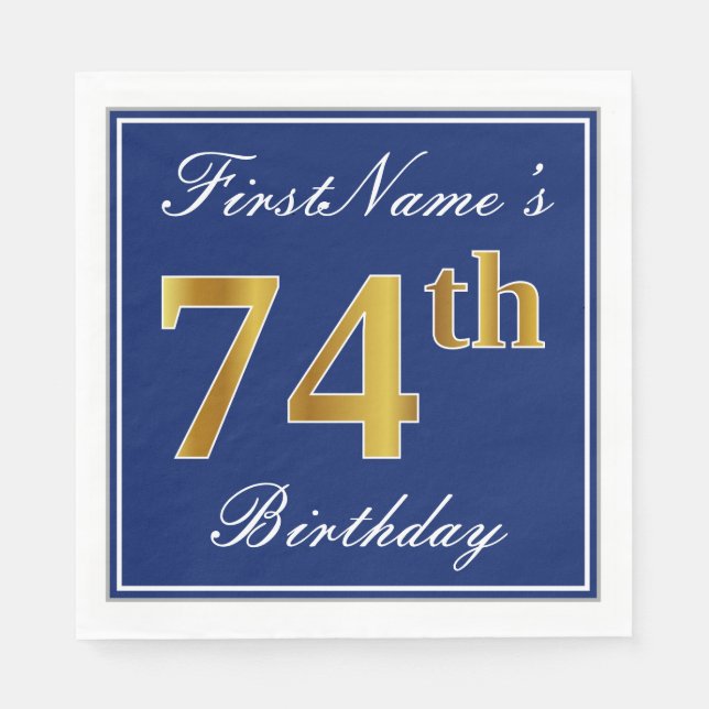 Elegant Blue, Faux Gold 74th Birthday; Custom Name Napkins (Front)