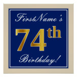 [ Thumbnail: Elegant, Blue, Faux Gold 74th Birthday + Name Poster ]