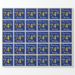 [ Thumbnail: Elegant, Blue, Faux Gold 74th Birthday + Name Wrapping Paper ]