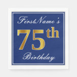 [ Thumbnail: Elegant Blue, Faux Gold 75th Birthday; Custom Name Napkins ]