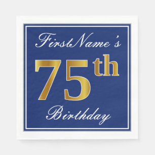 Elegant Blue, Faux Gold 75th Birthday; Custom Name Napkins
