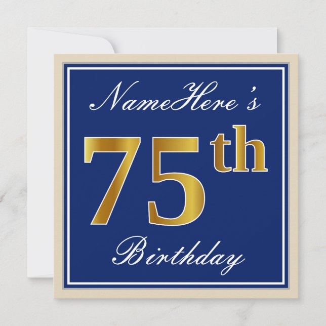 Elegant, Blue, Faux Gold 75th Birthday + Name Invitation (Front)