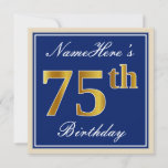 [ Thumbnail: Elegant, Blue, Faux Gold 75th Birthday + Name Invitation ]
