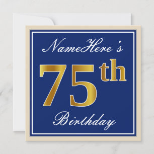 Elegant, Blue, Faux Gold 75th Birthday + Name Invitation