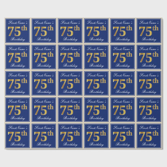 Elegant, Blue, Faux Gold 75th Birthday + Name Wrapping Paper (Flat)