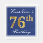 [ Thumbnail: Elegant Blue, Faux Gold 76th Birthday; Custom Name Napkins ]