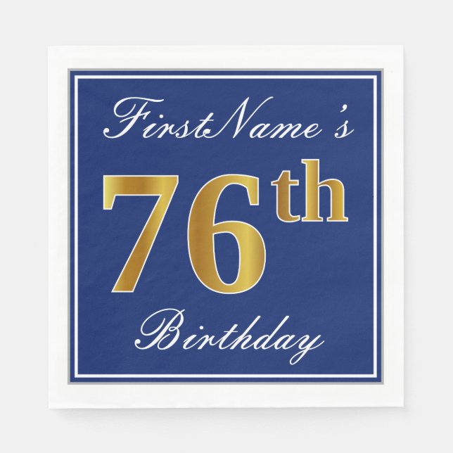 Elegant Blue, Faux Gold 76th Birthday; Custom Name Napkins (Front)