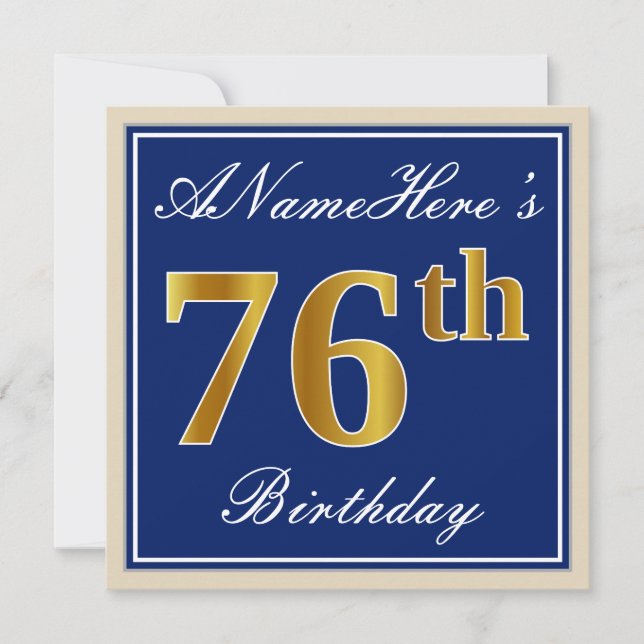 Elegant, Blue, Faux Gold 76th Birthday + Name Invitation (Front)