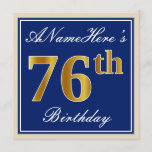 [ Thumbnail: Elegant, Blue, Faux Gold 76th Birthday + Name Invitation ]