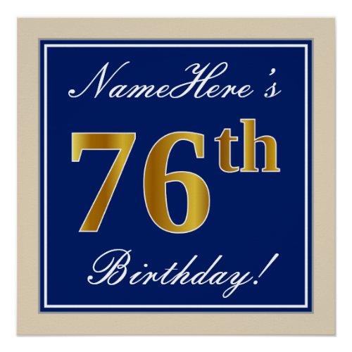 Elegant Blue Faux Gold 76th Birthday  Name Poster