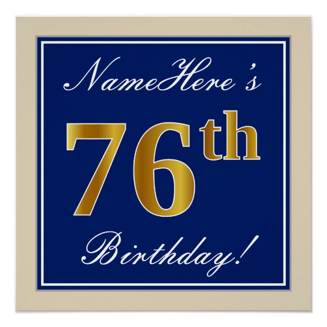 Elegant, Blue, Faux Gold 76th Birthday + Name Poster (Front)