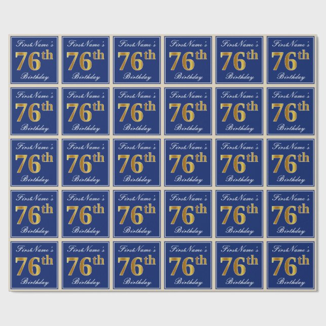 Elegant, Blue, Faux Gold 76th Birthday + Name Wrapping Paper (Flat)
