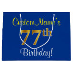 [ Thumbnail: Elegant, Blue, Faux Gold 77th Birthday + Name Gift Bag ]