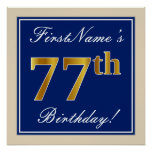 [ Thumbnail: Elegant, Blue, Faux Gold 77th Birthday + Name Poster ]