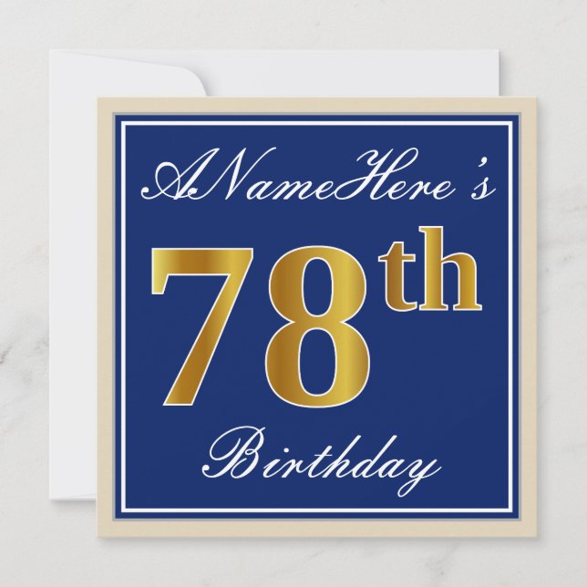 Elegant, Blue, Faux Gold 78th Birthday + Name Invitation (Front)