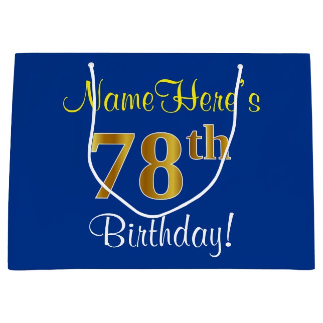 Elegant, Blue, Faux Gold 78th Birthday + Name Large Gift Bag (Front)
