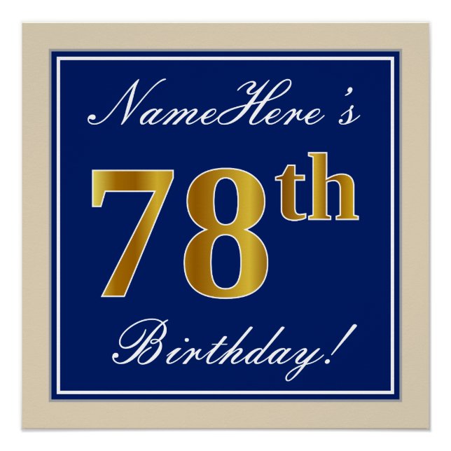 Elegant, Blue, Faux Gold 78th Birthday + Name Poster (Front)