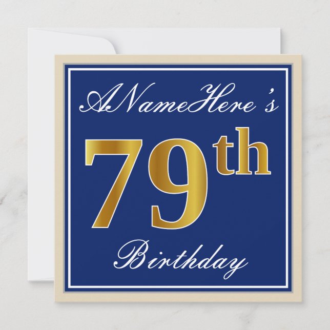 Elegant, Blue, Faux Gold 79th Birthday + Name Invitation (Front)