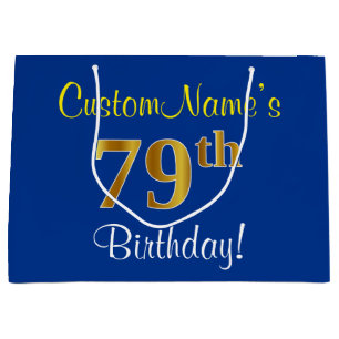 Elegant, Blue, Faux Gold 79th Birthday + Name Large Gift Bag